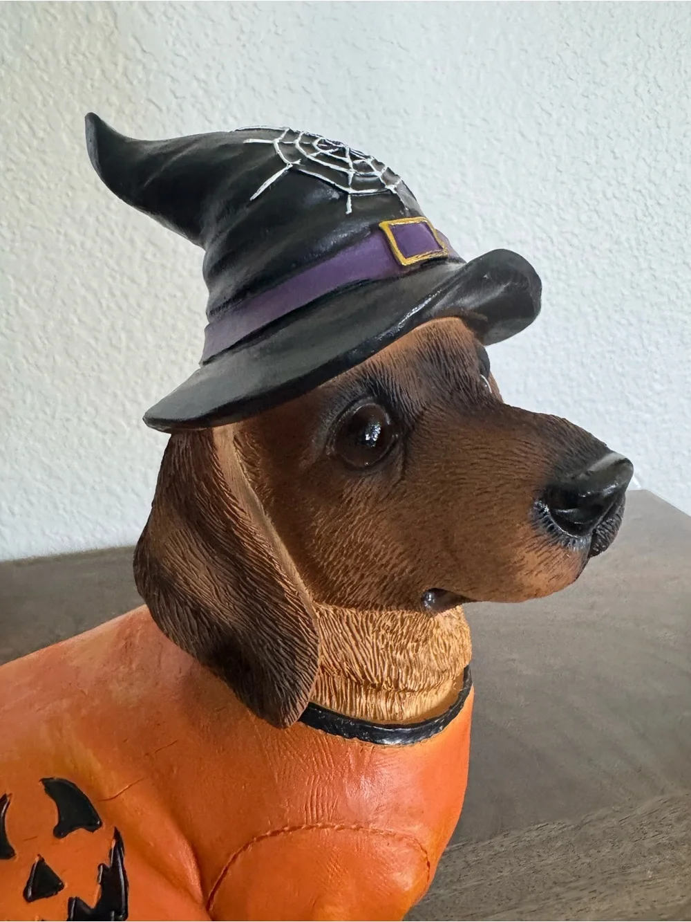 Halloween Dachshund Witch Pumpkin Dog Statue Decor